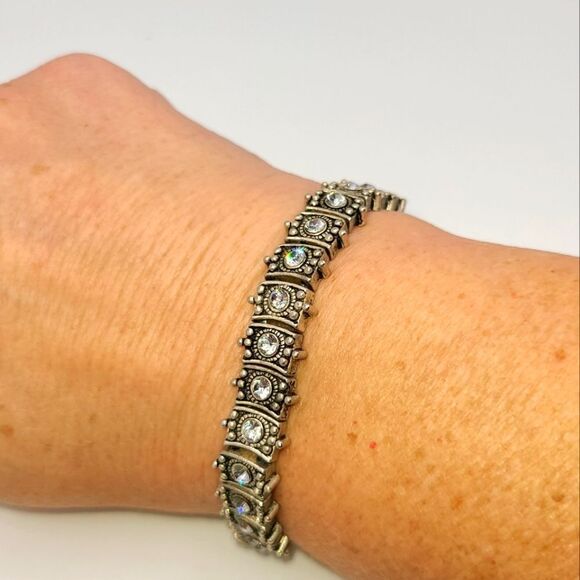 Rhinestone bracelet,  burnished silvertone - Picture 1 of 6